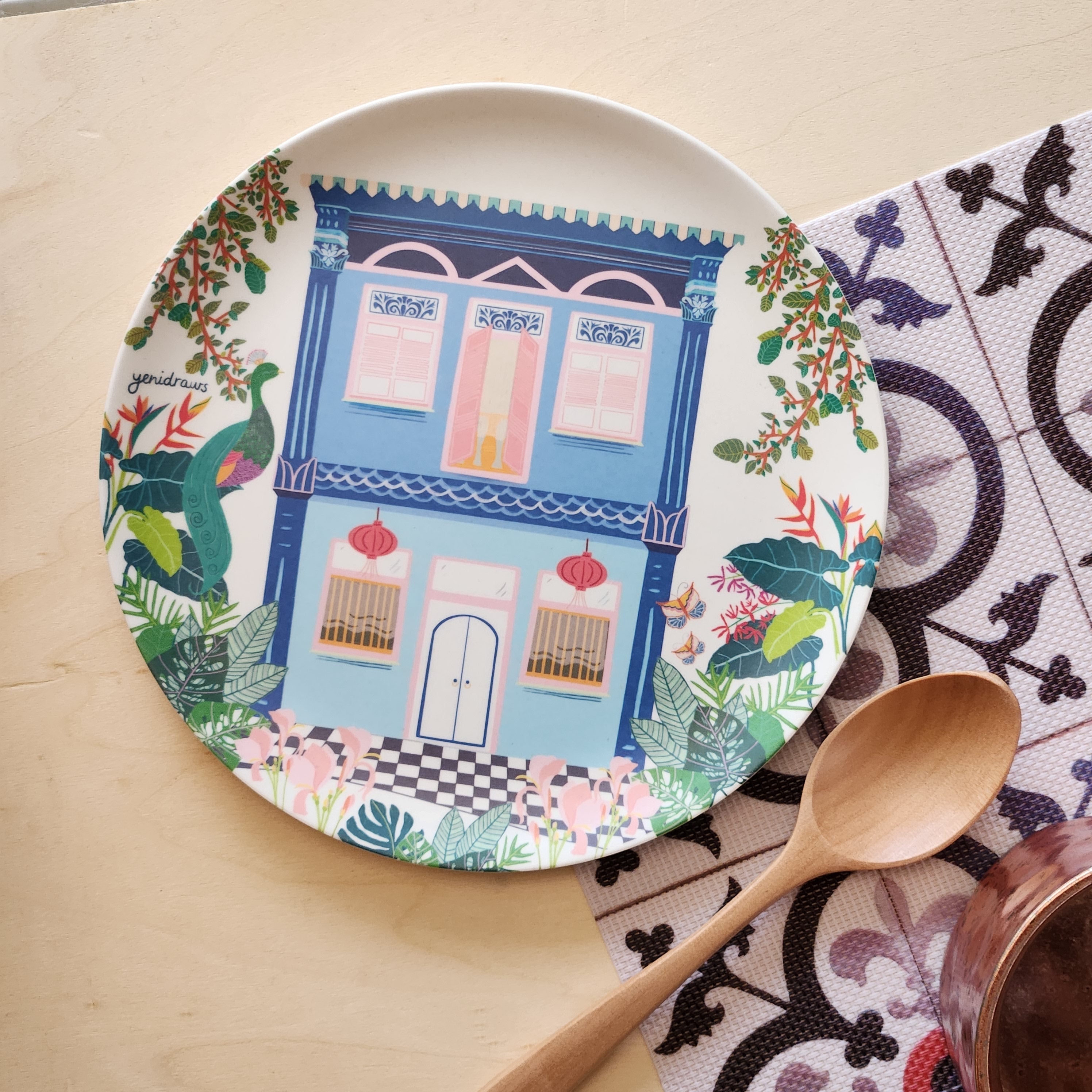 Blue Shophouse Bamboo plate set of 2