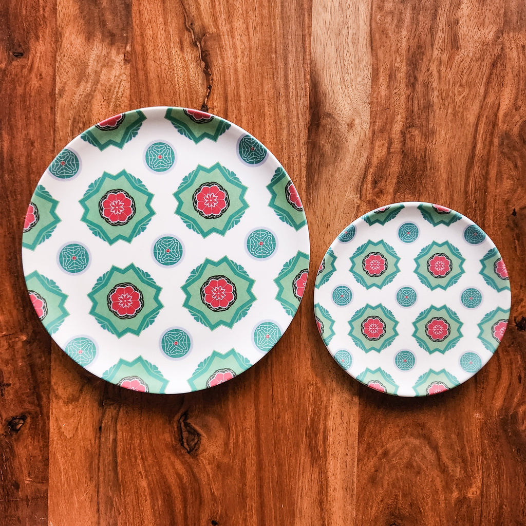Peranakan Tile Bamboo Plate - Green Torus Red flower