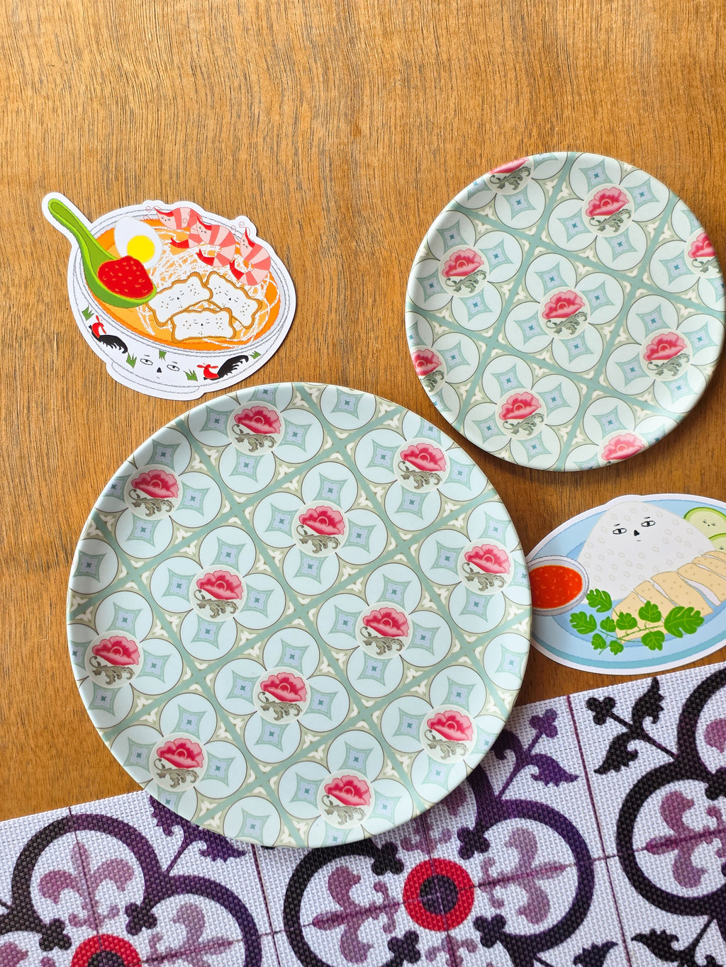 Peranakan Tile Bamboo Plate - Squares & Red Flower