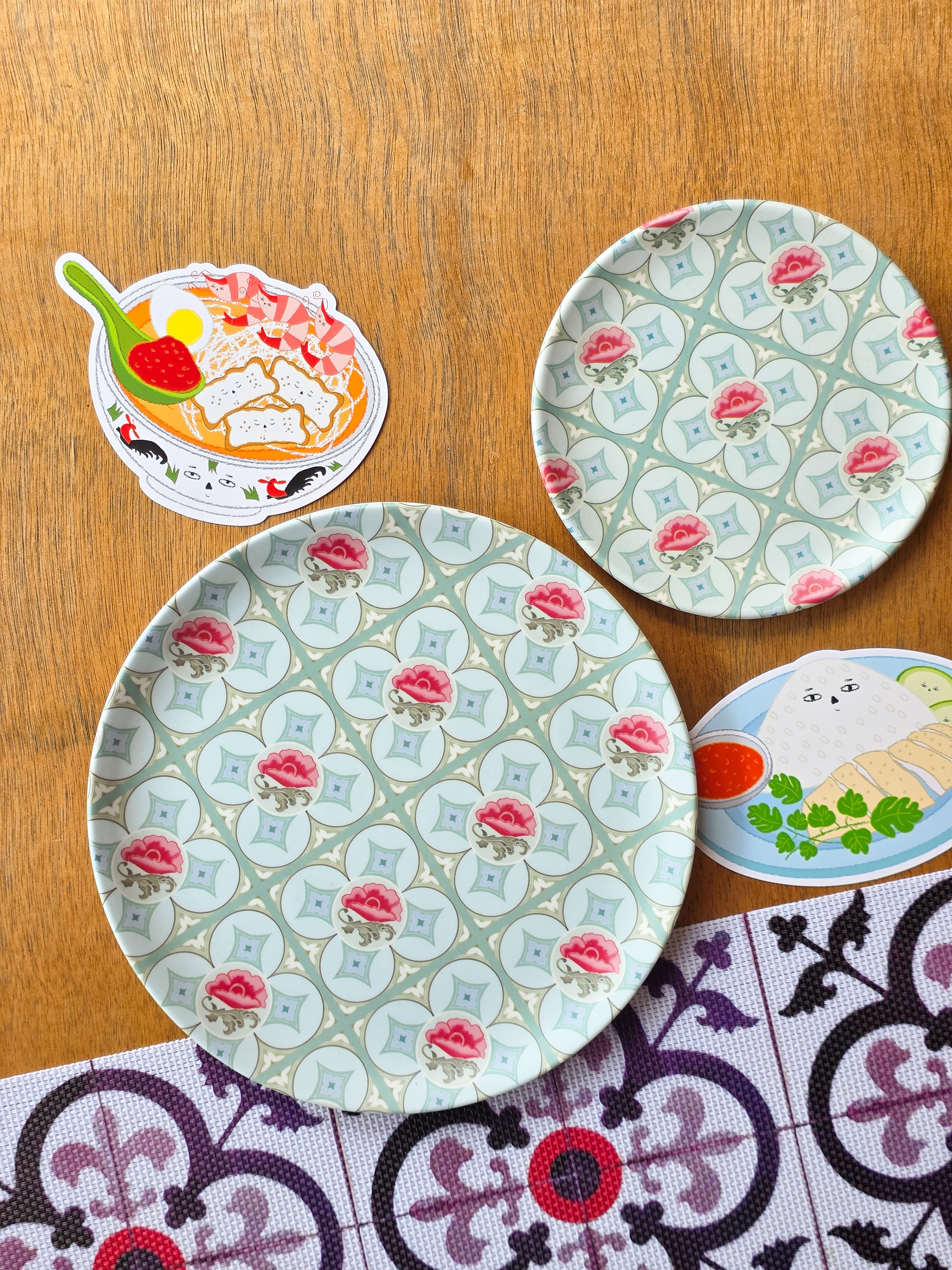 Peranakan Tile Bamboo Plate - Squares & Red Flower